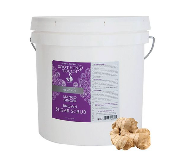 A bucket of soothing touch mango ginger brown sugar scrub