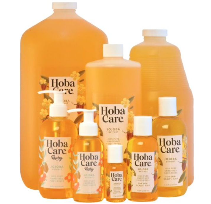 Several bottles of hoba care sit next to each other