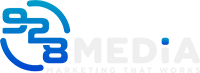 A blue and white logo for a company called 928MEDIA marketing that works.