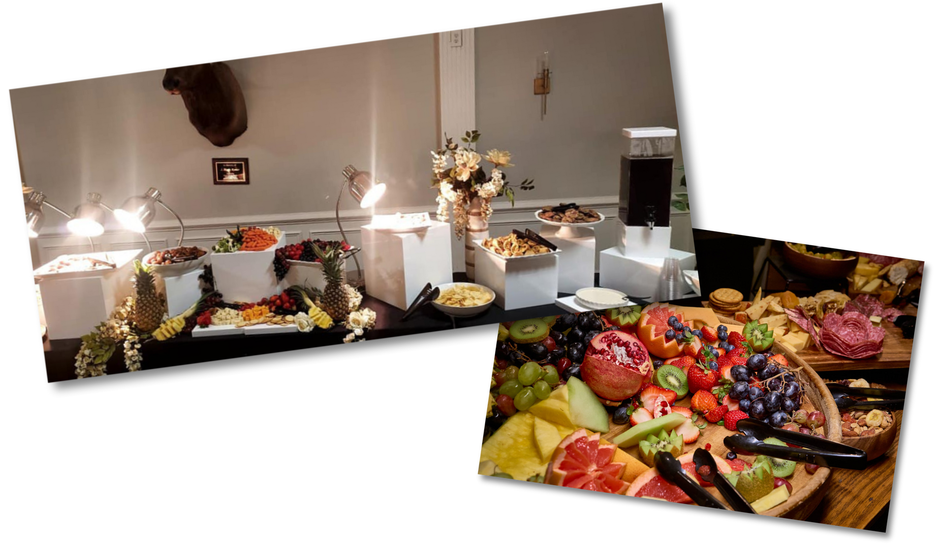 Two pictures of a buffet table with fruit and meat on it