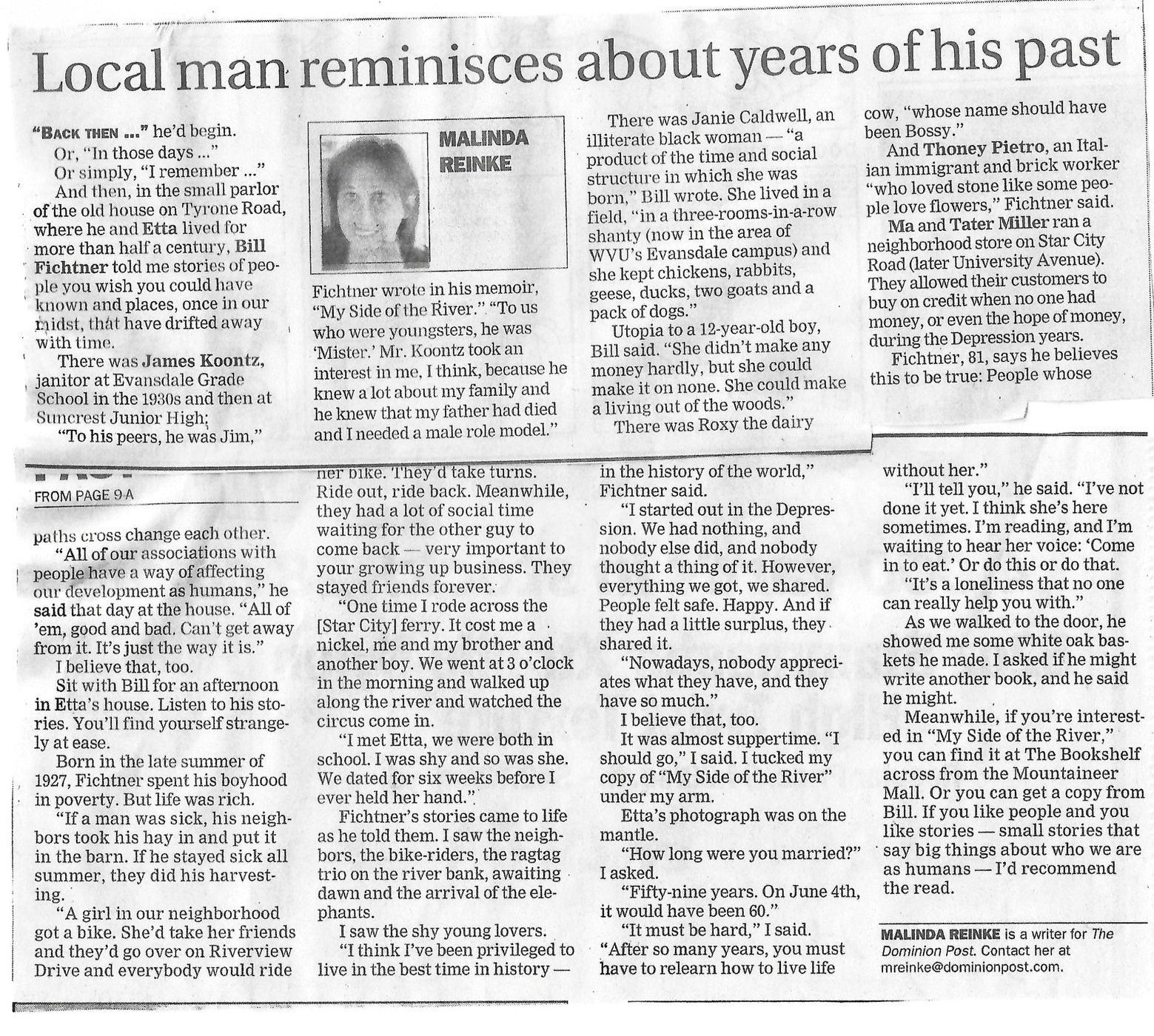 Newspaper article: local man reminisces about his past. A photo of a woman is included.