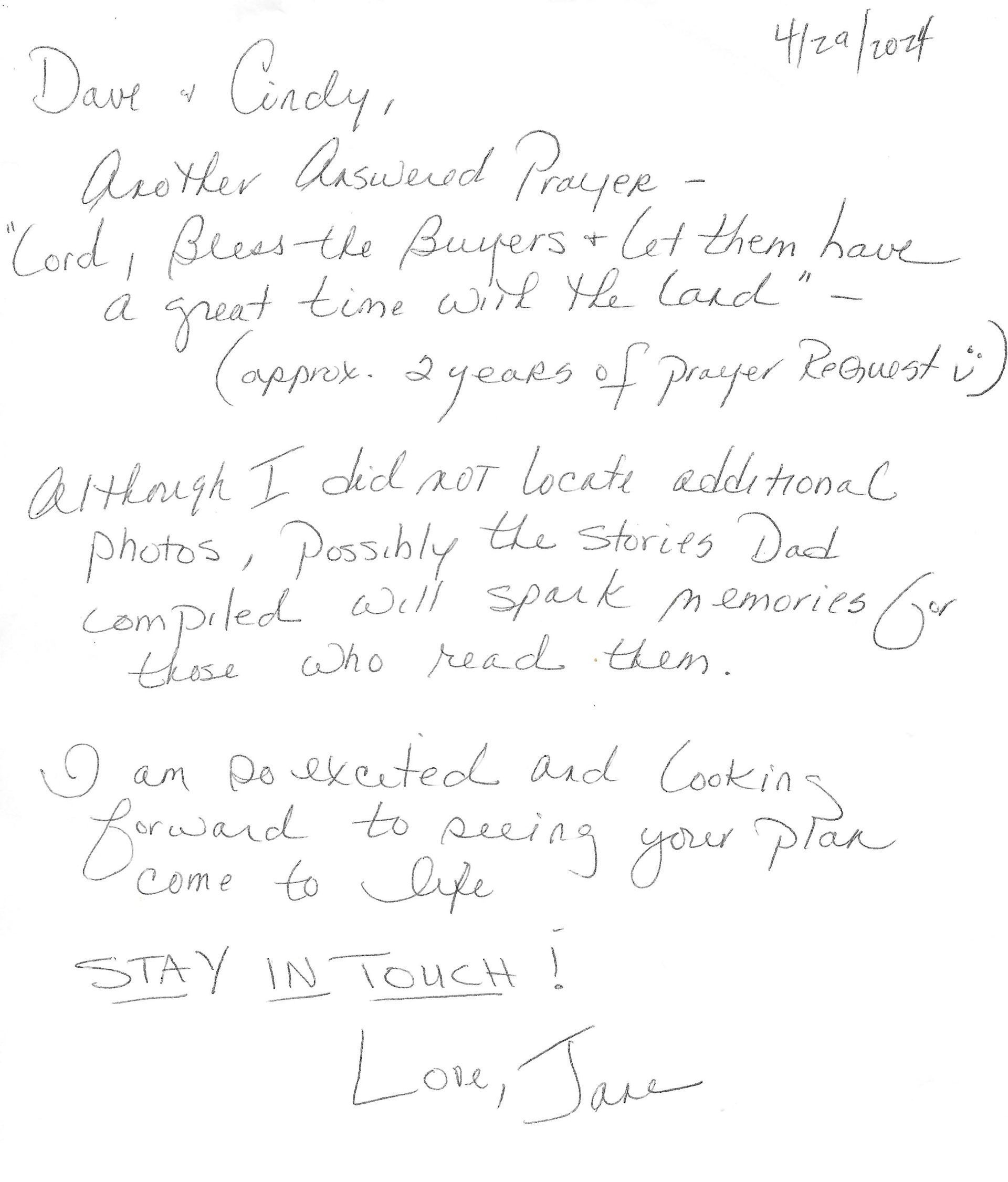 Handwritten letter to Candy: a prayer, well wishes, and plans to see Candy.