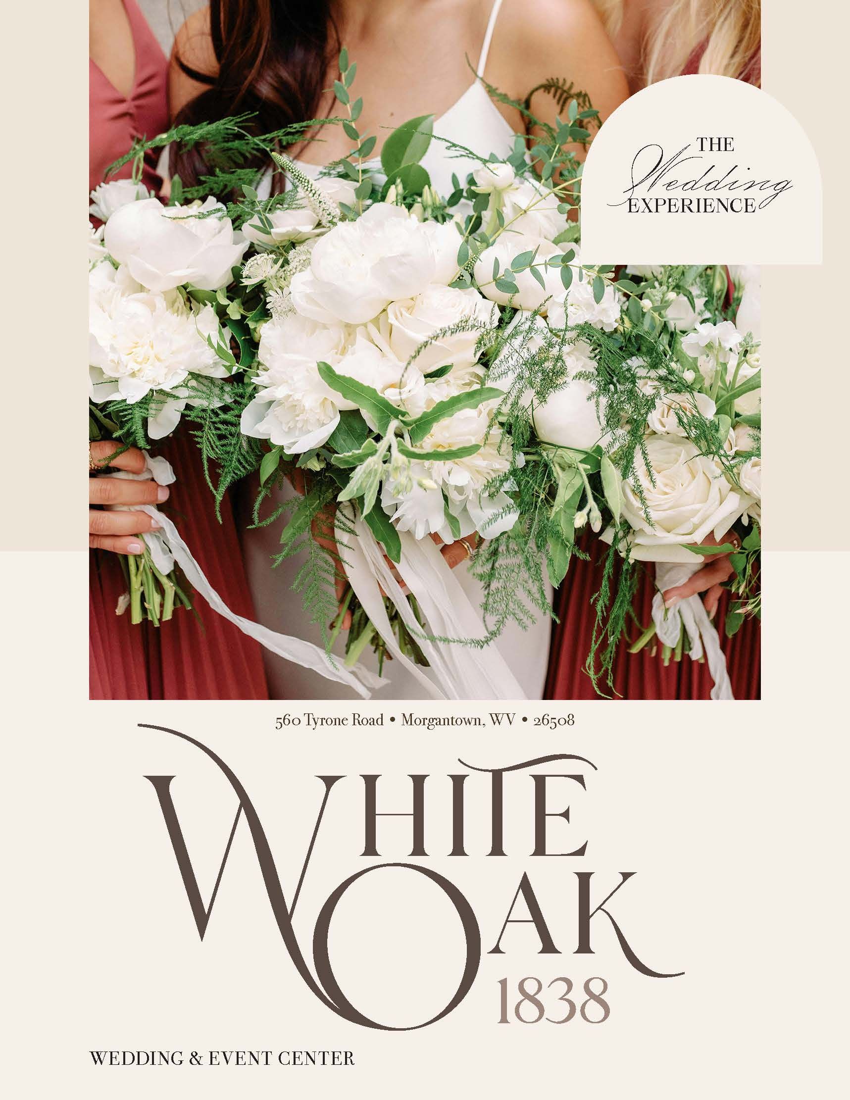 Bridesmaids holding white bouquets; text reads 