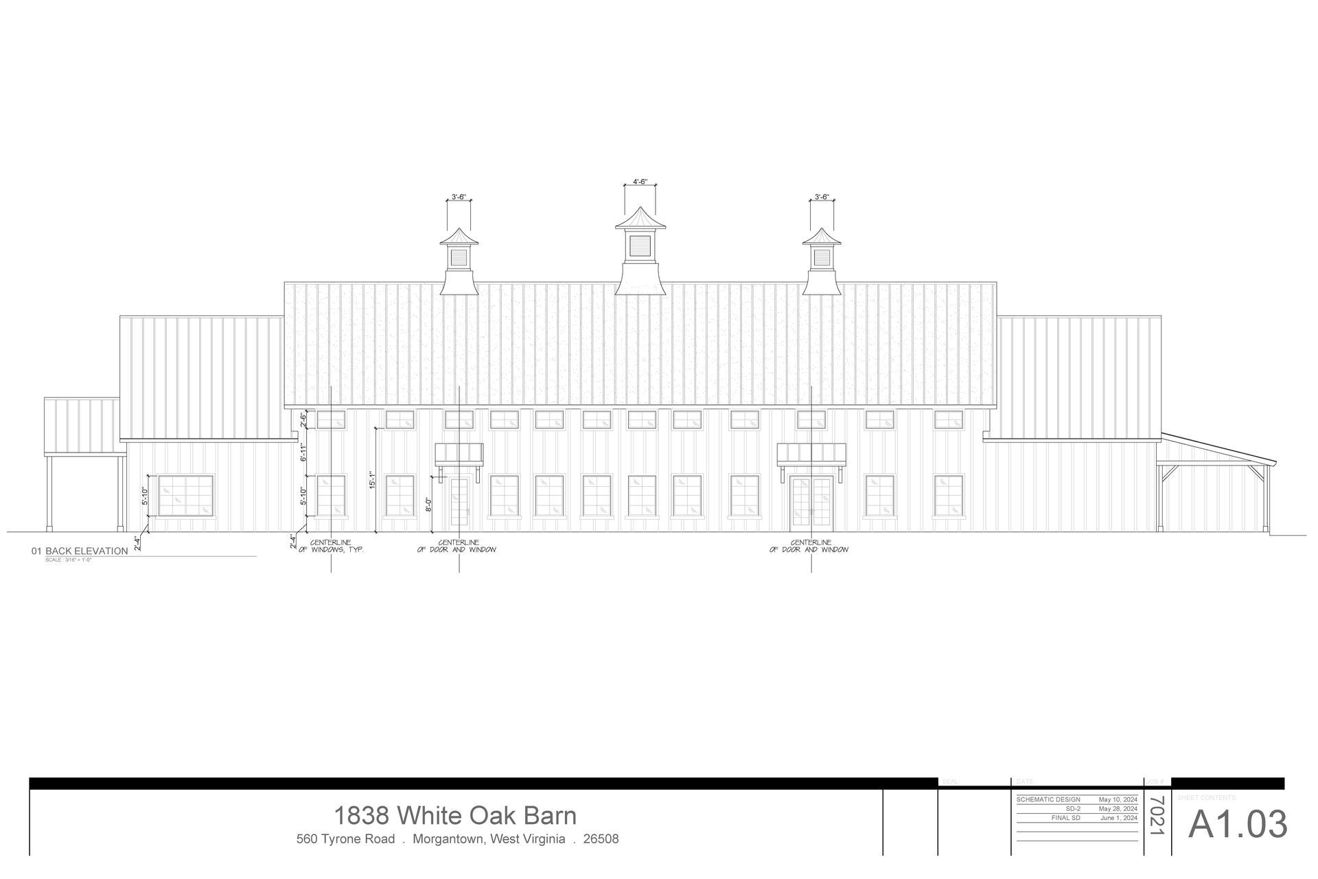 Architectural elevation drawing of a long, low building with multiple windows, chimneys, and a sloped roof.