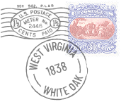 A postage stamp with a meter mark, a blue 30-cent stamp, and a circular postmark from White Oak, West Virginia, dated 1838.