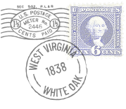 A postage stamp with a portrait of George Washington next to a meter stamp and a West Virginia cancelation.