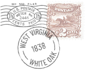 Postage stamps and West Virginia postmark: 2-cent brown stamp, 1.5-cent meter stamp, White Oak, 1838 postmark.