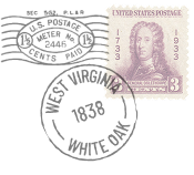 Postage meter marking and 3-cent stamp with the face of a man, likely a historical figure.