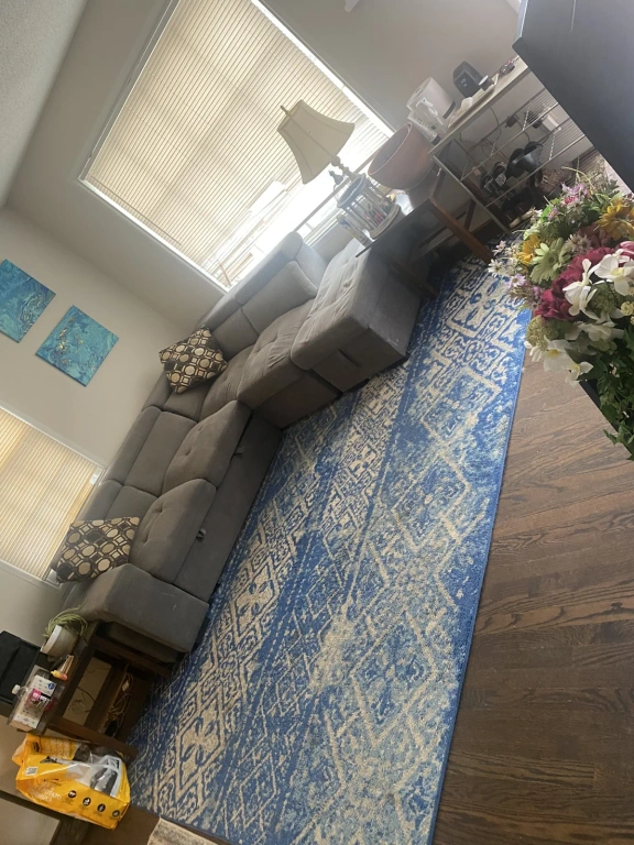 A living room with a sectional couch and a blue rug.