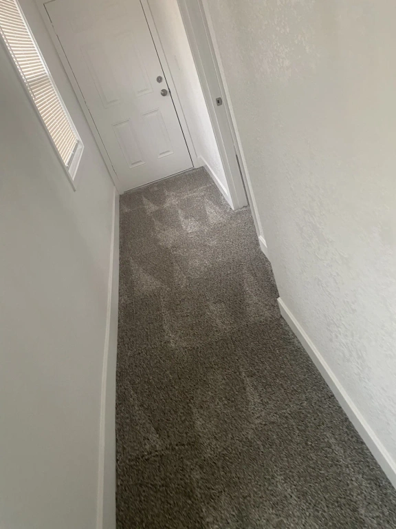 A hallway with a carpeted floor and white walls in a house.