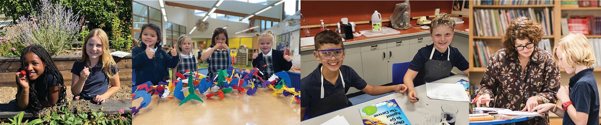 Children in various settings, smiling and engaged in activities like art and gardening.