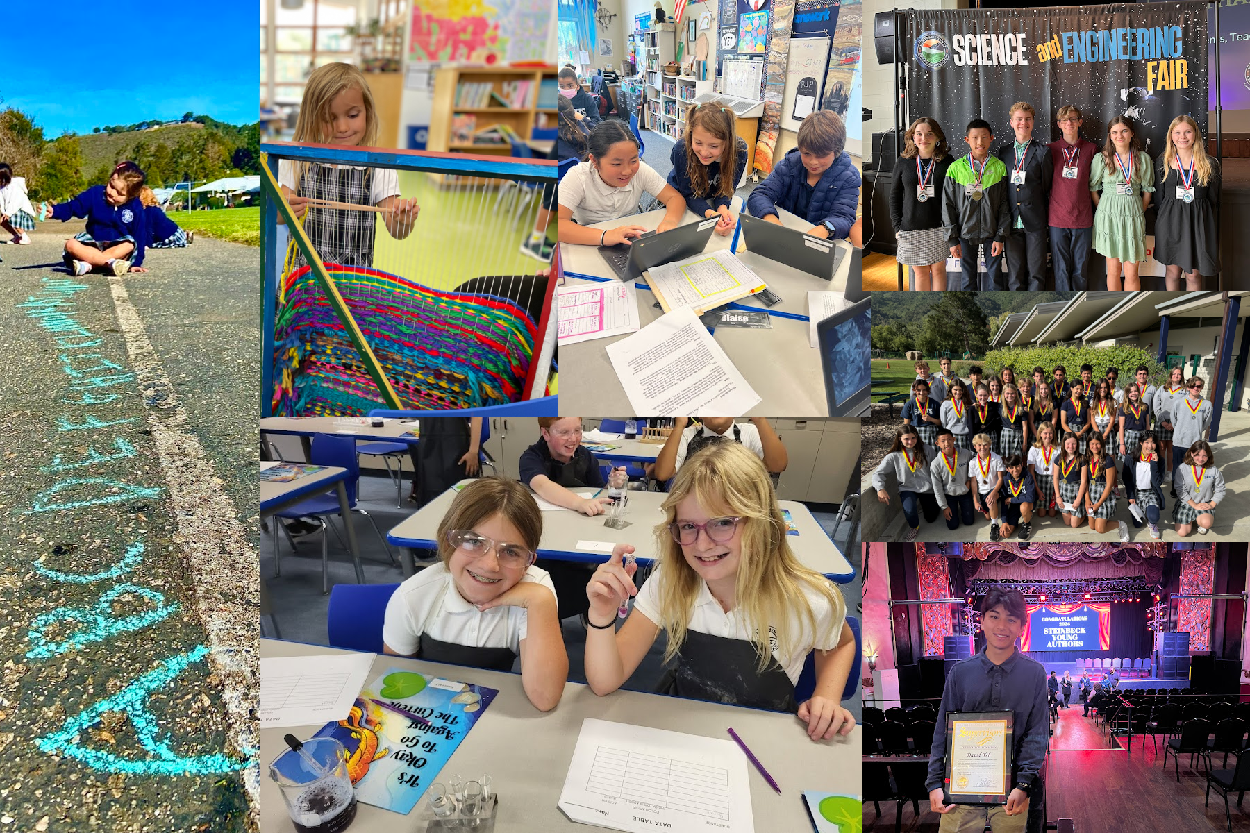 Children engaged in school activities: art, science fair, group photo, performance, and classroom work.
