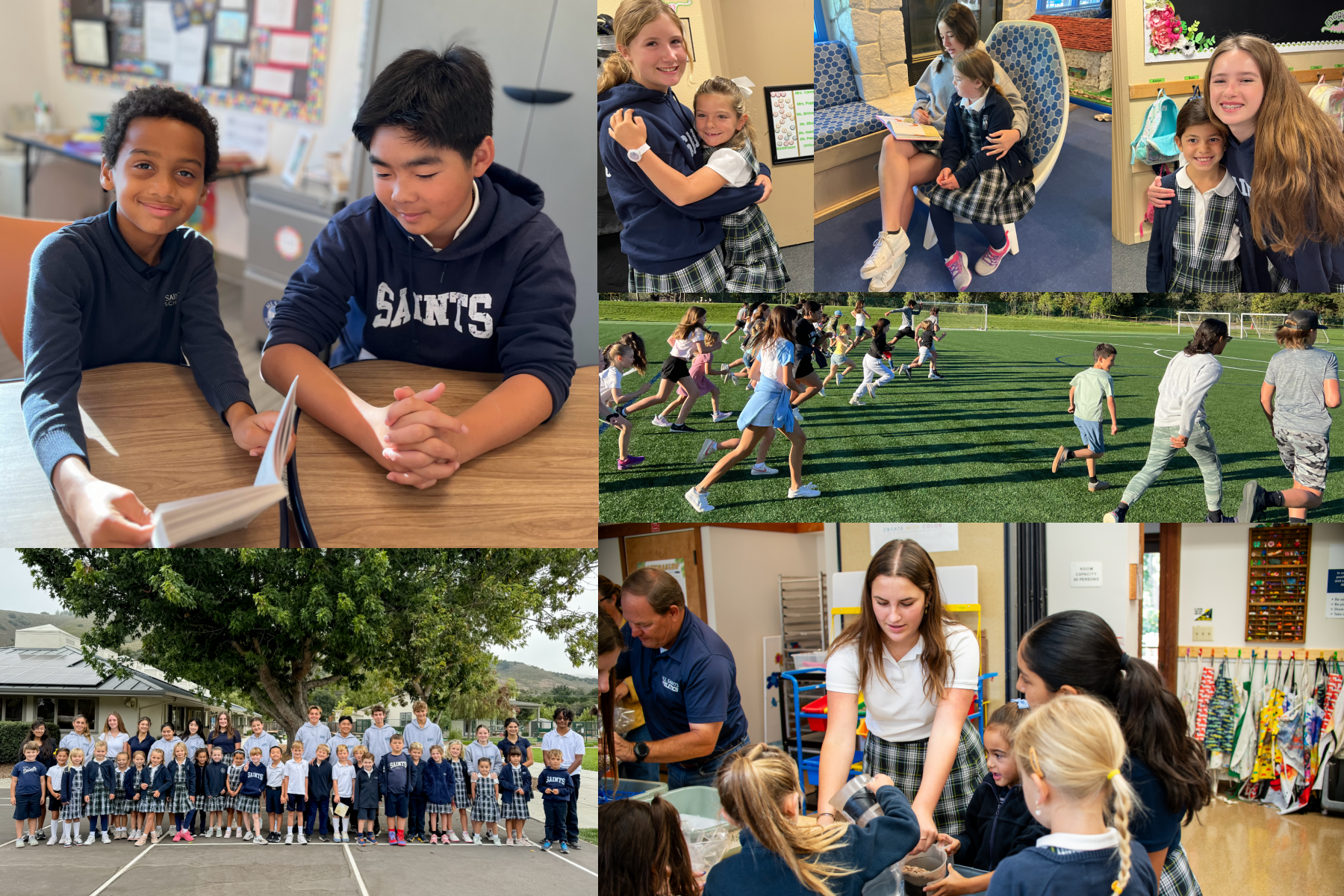 Schoolchildren in various settings: studying, playing, reading. Students in uniforms, diverse activities, smiling.