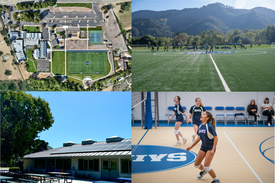 Four images showcasing a school: aerial view, football field with team, building with solar panels, volleyball game in a gym.