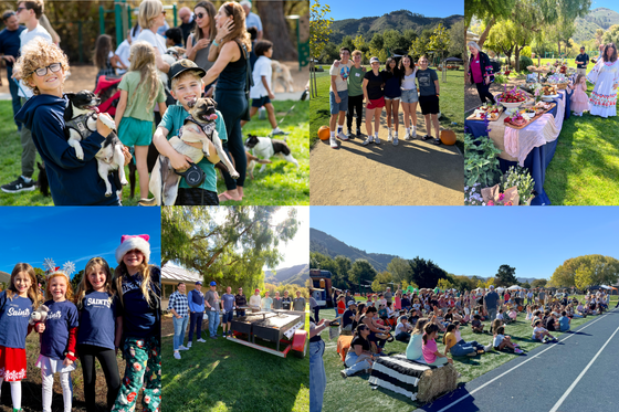 Scenes from outdoor community gatherings: people, pets, food, and children in a park-like setting.