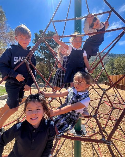 Children on a playground climbing structure, some smiling. Blue sky and trees in the background.