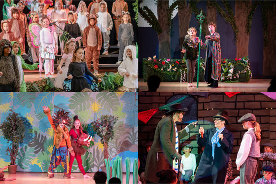 Children performing in costumes on a stage: various scenes of a play with sets and props.