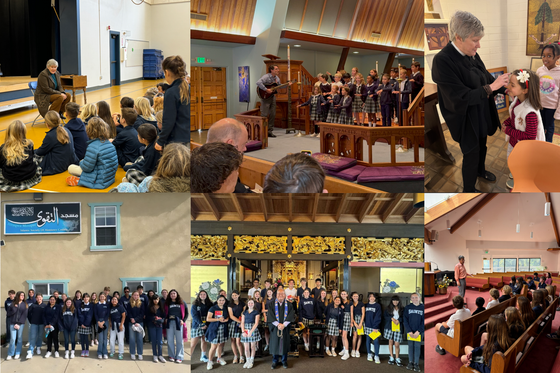 Six diverse photos of school children and adults at school events and in a church setting.