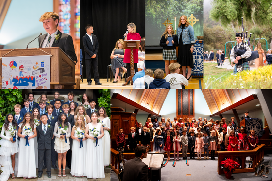 Multiple photos of students at an event: speaking, performing, and posing in a formal setting.