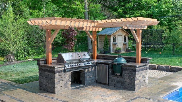 An outdoor kitchen with a grill and a pergola over it next to a pool.