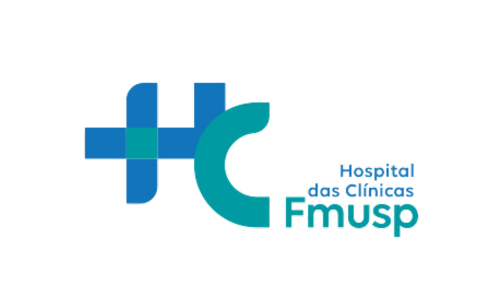 The logo for hospital das clinicas fmusp has a blue cross on it.