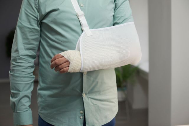 A man with a cast on his arm is wearing a sling.