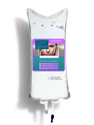 an iv bag with a picture of a woman on it for the IV therapy, alleviate