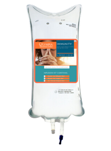 an IV bag with a label that says immunity on it for immune system support IV therapy