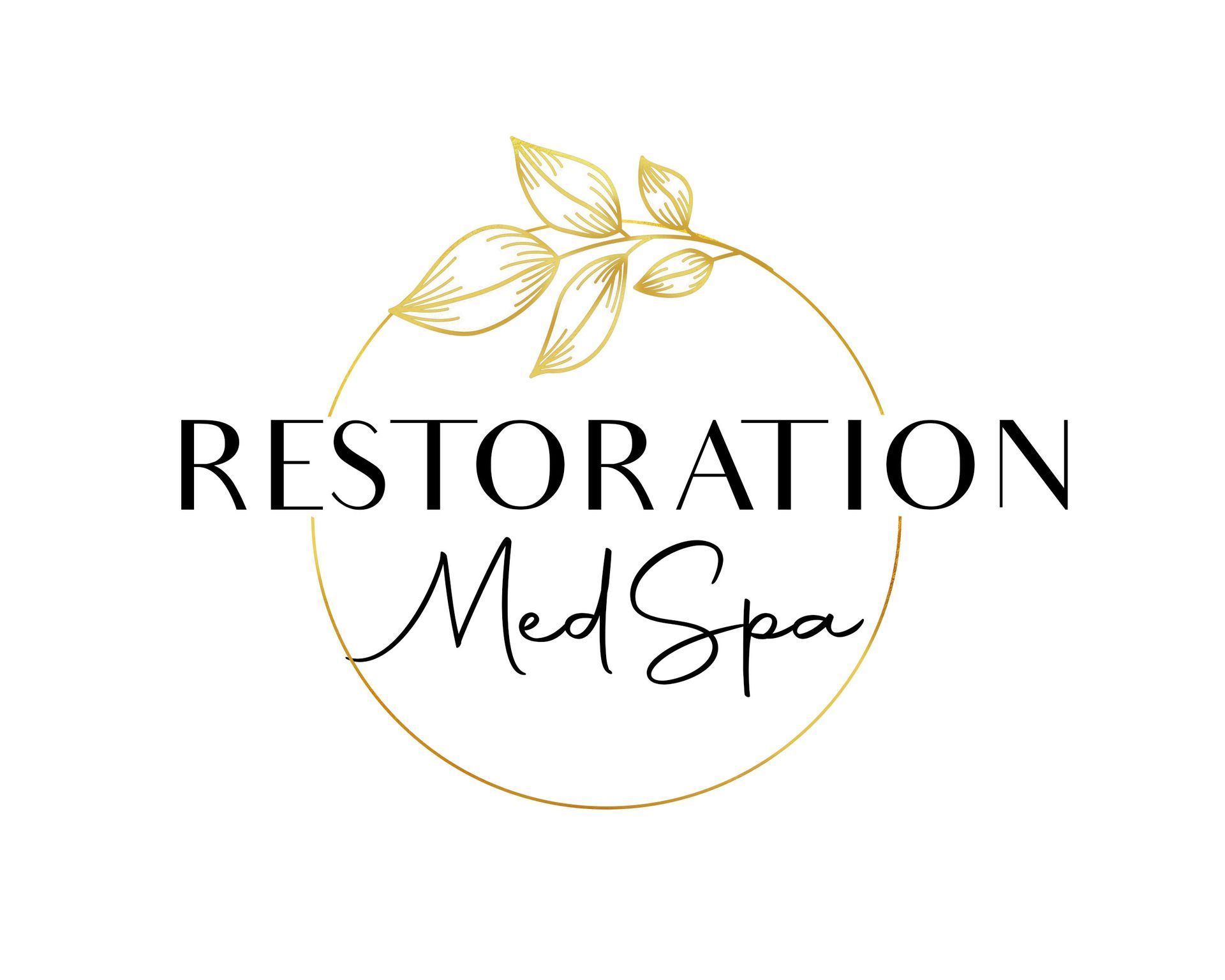 a logo for restoration med spa with a gold leaf in a circle .