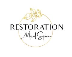 a logo for restoration med spa with a gold leaf in a circle .