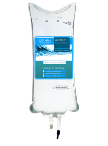 a iv bag with a picture of water on it for the IV therapy, quench