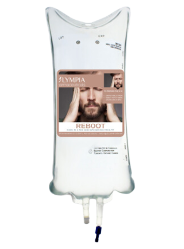 a iv bag with a picture of a man holding his head with two hands on it for the IV therapy, reboot hangover remedy