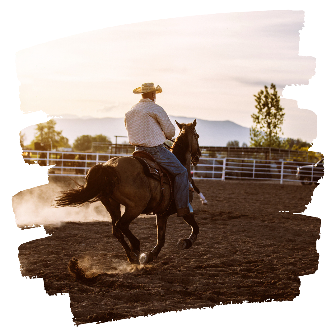 A man in a cowboy hat is riding a horse