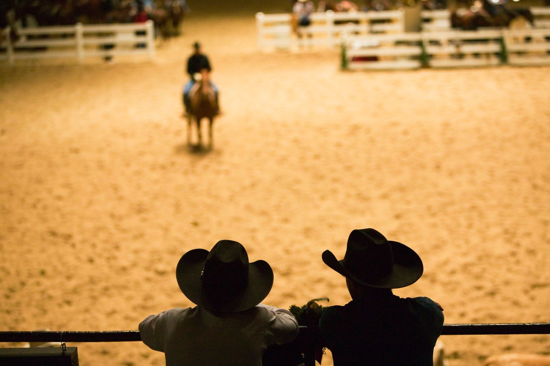 Two men in cowboy hats are watching a rodeo.