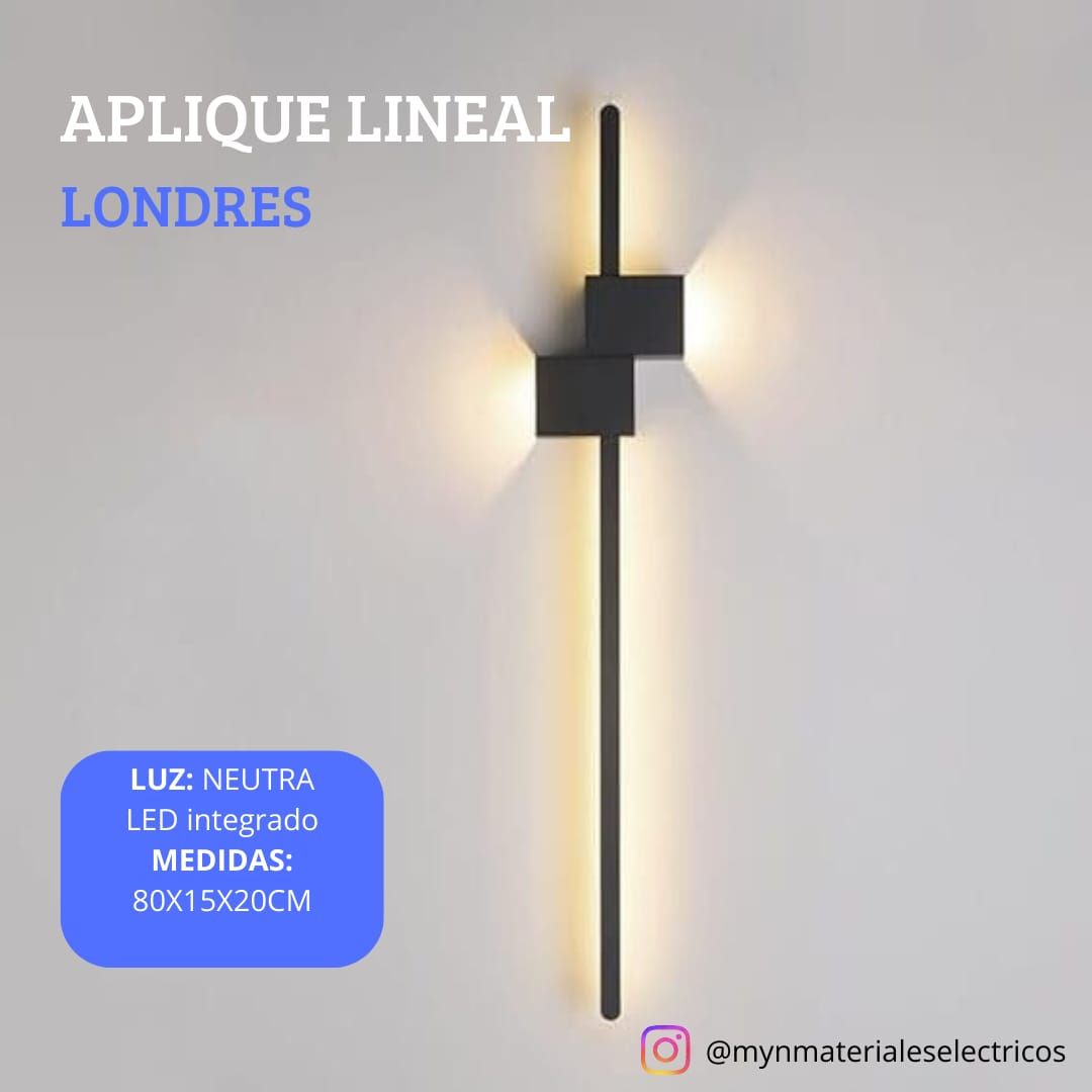 Lámpara de pared lineal moderna de color negro sobre una pared blanca. 