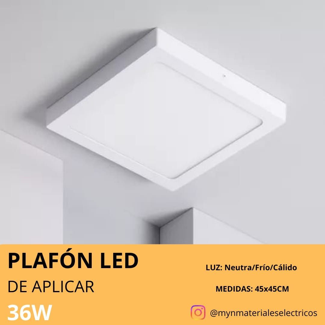 Plafón LED cuadrado de color blanco, rotulado “PLAFÓN LED DE APLICAR 36W”, con detalles de tamaño y temperatura de color.