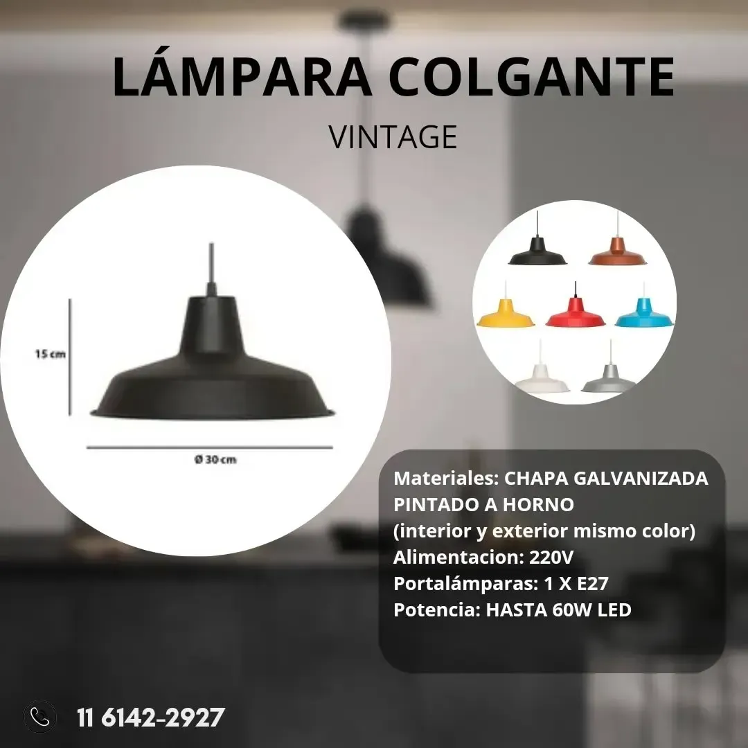 Lámpara colgante vintage en color negro. Dimensiones y colores disponibles. Incluye especificaciones técnicas.