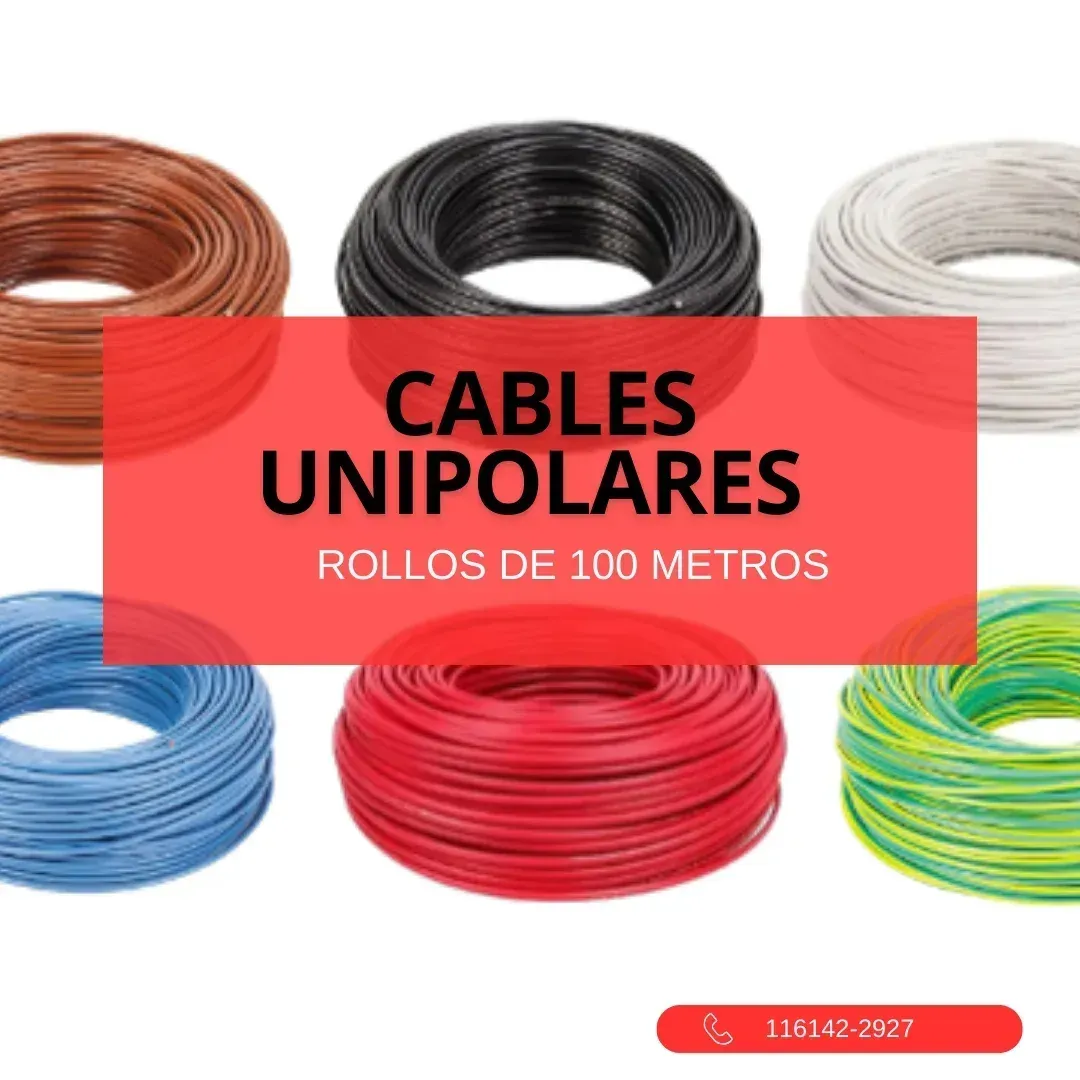 Rollos de cables unipolares de colores; pancarta roja que dice 