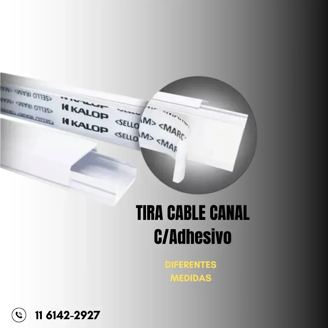 Canaleta para cables de color blanco con cinta adhesiva, parcialmente desprendida, con texto 