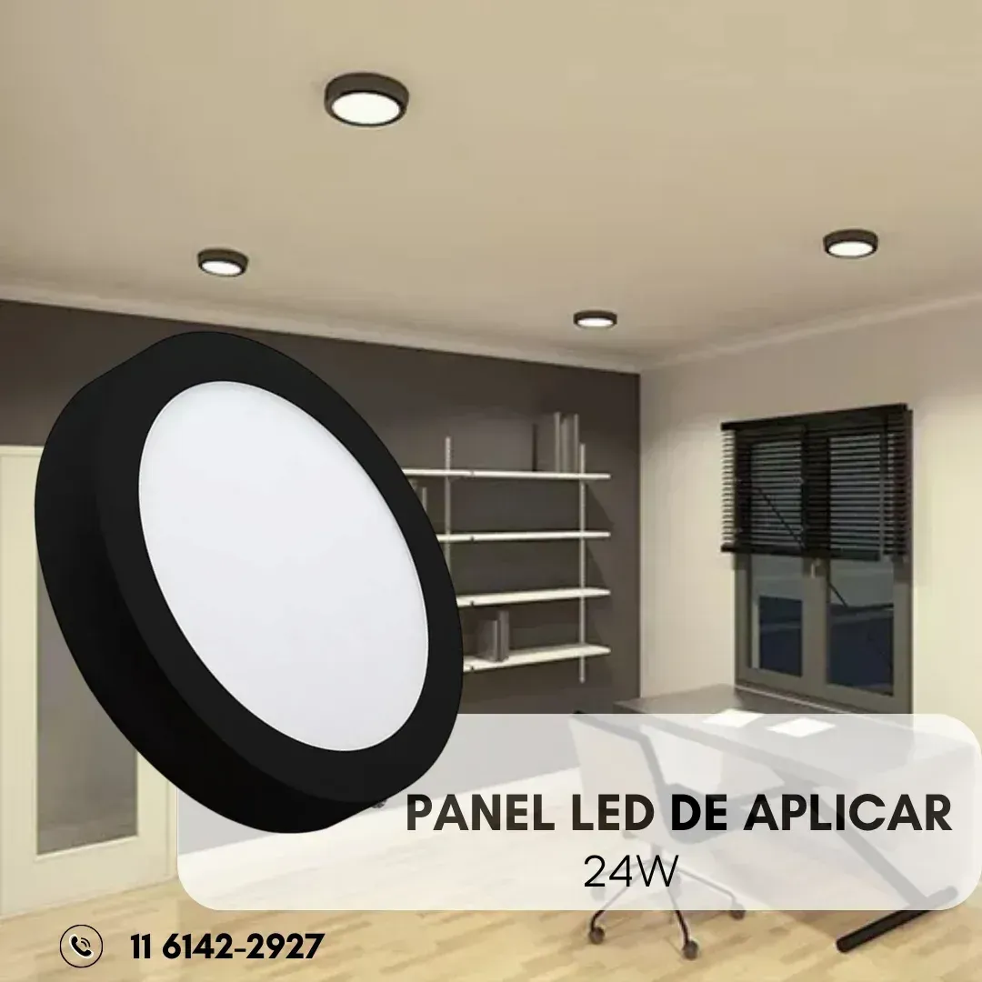 Foco panel LED negro, para interior. Luz 24W, aplicación panel.