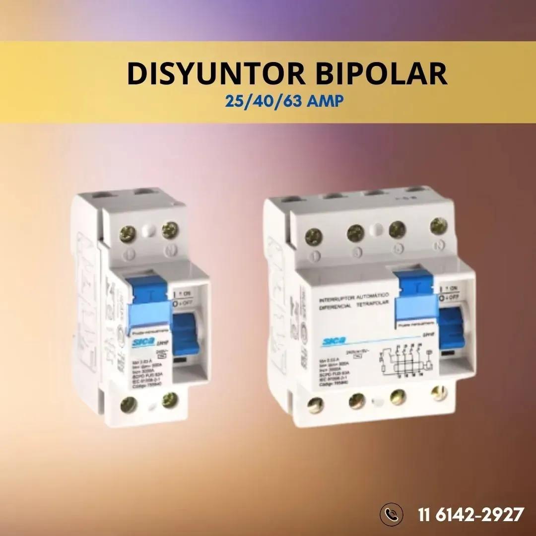 Disyuntores bipolares. Texto en blanco, azul y negro en las etiquetas del producto, sobre un fondo degradado.