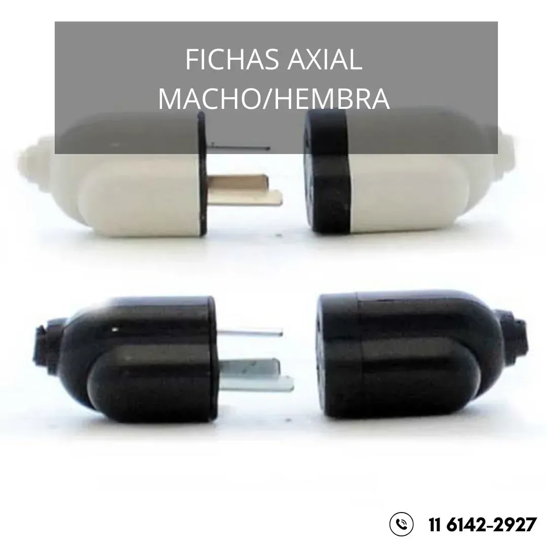 Dos conectores eléctricos axiales macho/hembra, blanco y negro, separados. Texto superpuesto: 