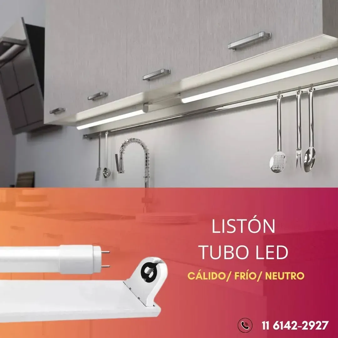 Mueble de cocina con iluminación de tira LED y una imagen promocional de las luces.