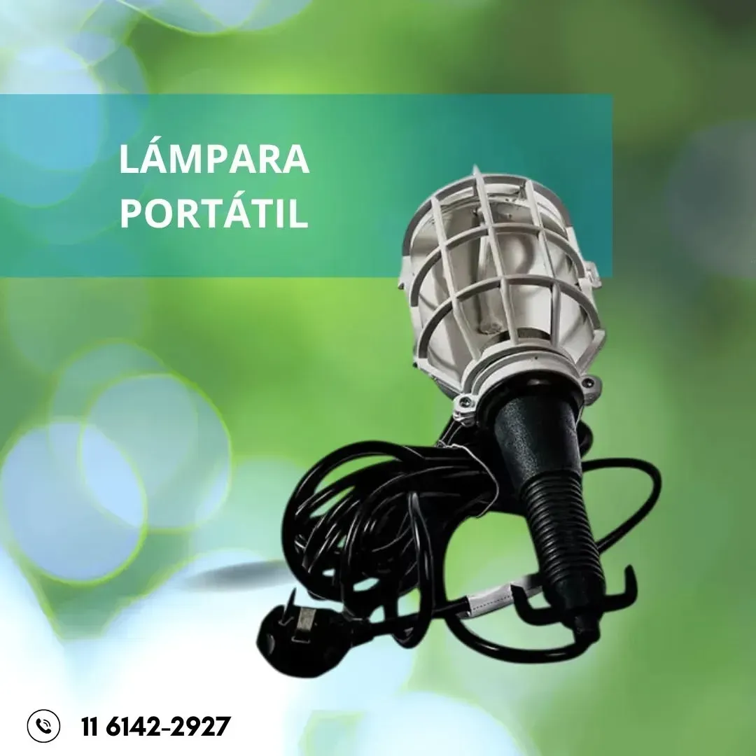 Lámpara de trabajo portátil con jaula protectora y cable de alimentación.