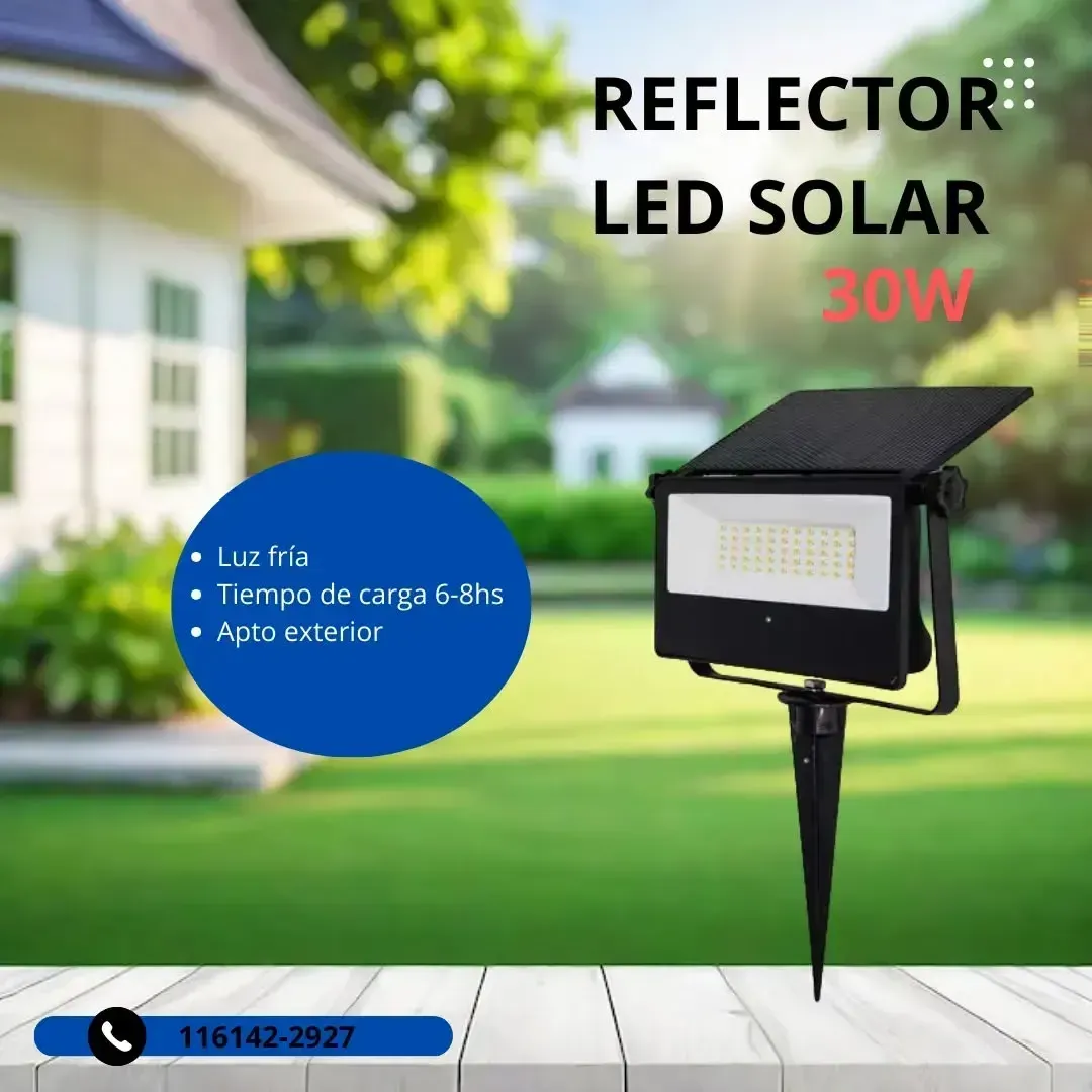 Luz reflectora LED solar de 30 W para jardín. Características: luz fría, tiempo de carga de 6 a 8 h y para uso en exteriores.