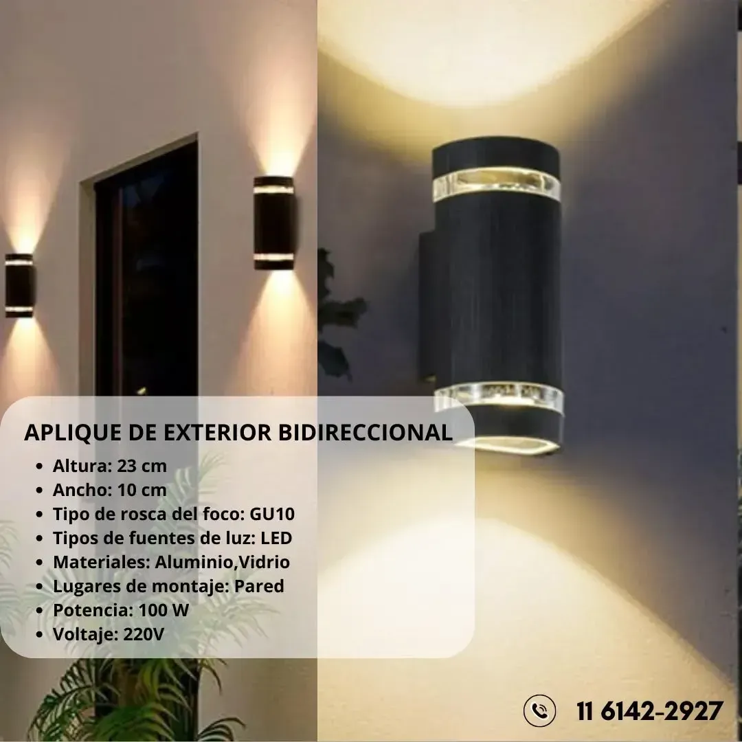 Aplique de exterior bidireccional, de forma cilíndrica, de color negro, con especificaciones sobre fondo blanco.