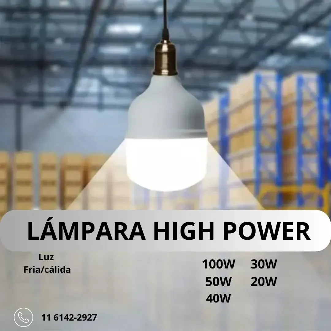 Luminaria LED blanca de alta potencia con el texto «LÁMPARA HIGH POWER». 