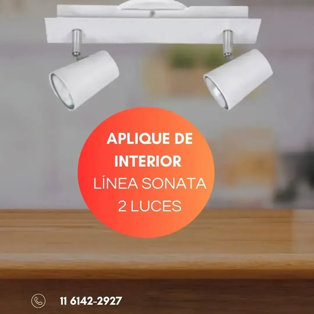 Luminaria de interior de color blanco con dos luces orientables; publicidad de producto.