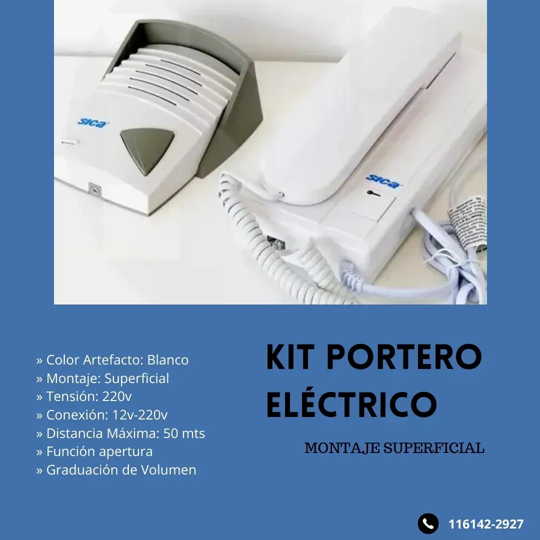 Kit de intercomunicación de color blanco sobre fondo azul, con descripciones de texto.