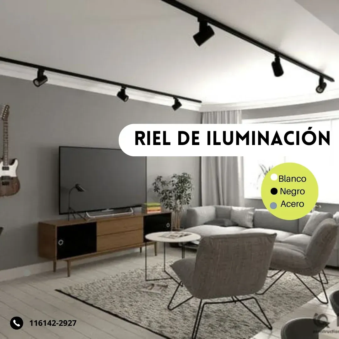 Sala de estar con iluminación en riel que muestra 